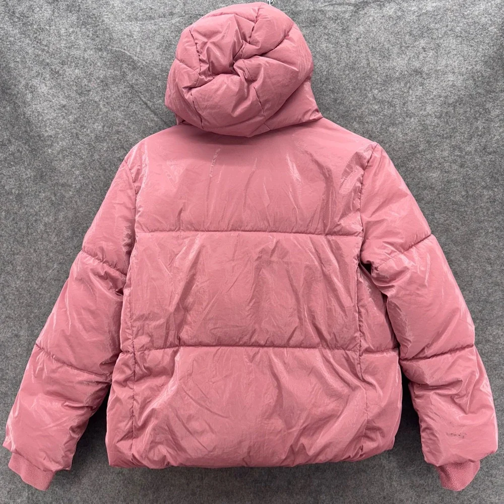 GAP Kids Girls Puffer Jacket Size L Pink Shiny Hooded Winter Coat Apres Ski Cozy